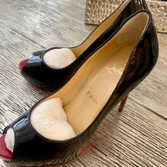 AUTHENTIC CHRISTIAN LOUBOUTIN NEW VERY PRIVE 120 BLACK PATENT HEELS OPEN TOE - Picture 7 of 16